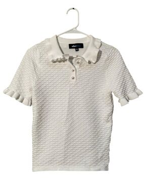 Aliceblue Women's Size Medium Knit Polo Shirt White Textured Pearl Buttons Short